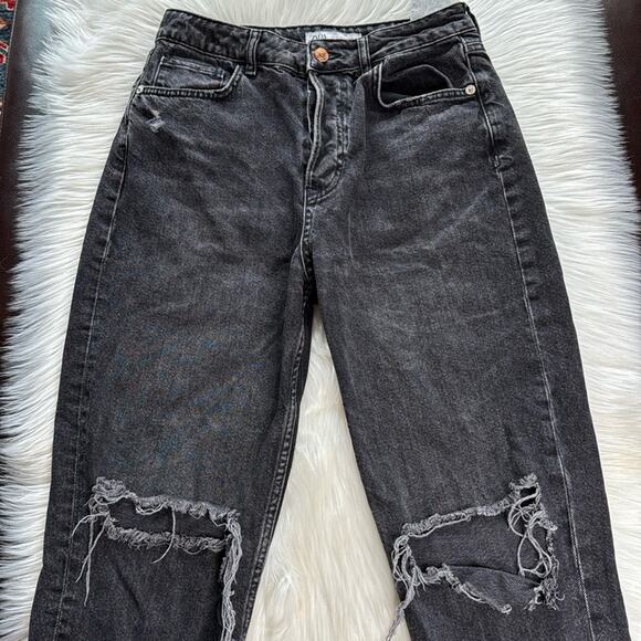 Zara Black Distressed High Rise Mom Jeans - Picture 3 of 9